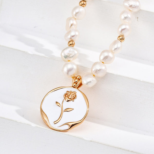 S925 Silver Minimalist Natural Pearl Enamel Rose Pendant Necklace