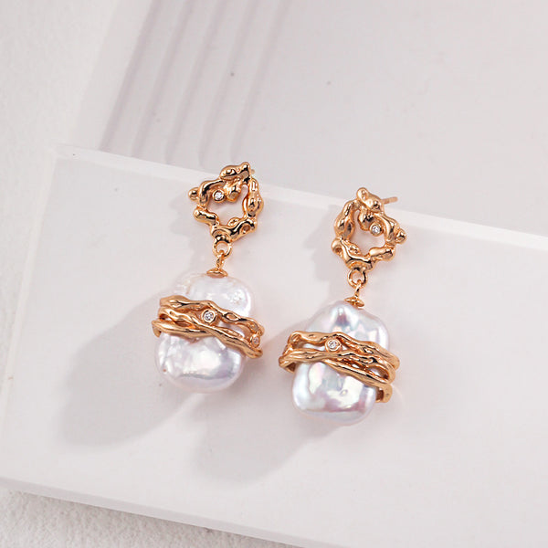 S925 Silver - Vintage Gold Pearl Earrings