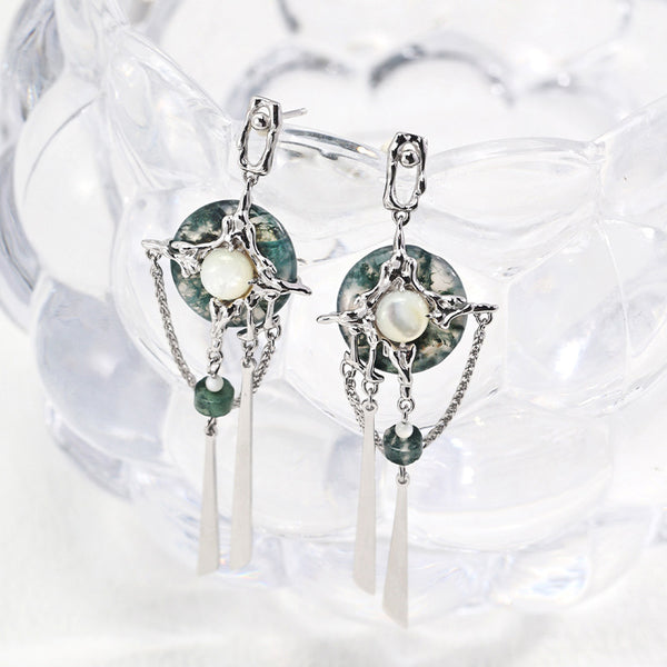 S925 Silver New Chinese-Style Seaweed Agate Peace Buckle & White Mother-of-Pearl Inlay Earrings