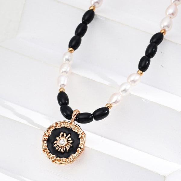 S925 Silver Natural Pearl Black Agate Enamel Zircon Pendant Necklace
