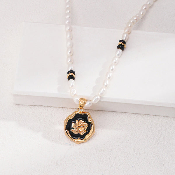 Rose Pendant Sterling Silver Spacer Pearl Necklace