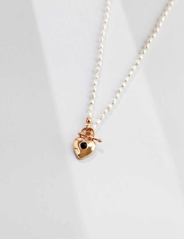 Sterling Silver Heart-Shaped Rice Pearl Necklace