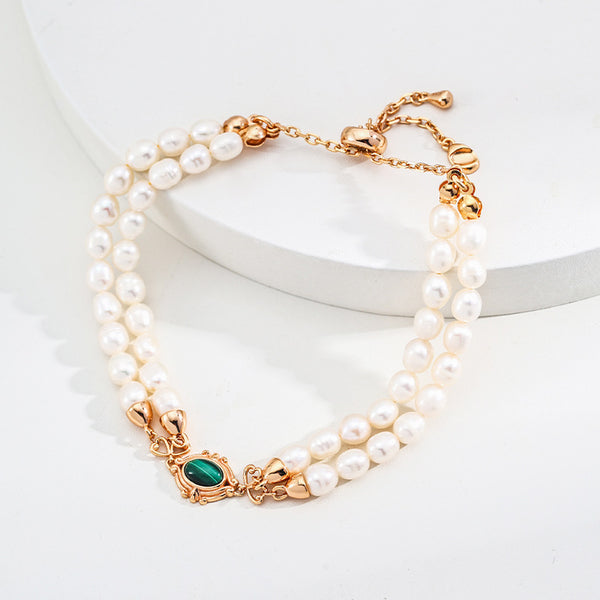 S925 Sterling Silver Minimalist Natural Pearl & Malachite Bracelet