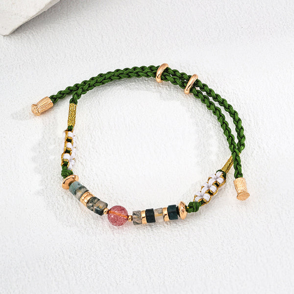 S925 Sterling Silver Vintage Strawberry Quartz & Moss Agate Rope Bracelet