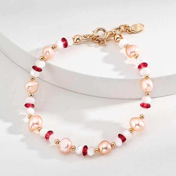 S925 Sterling Silver Fashionable Natural Mother-of-Pearl & Ruby Bracelet