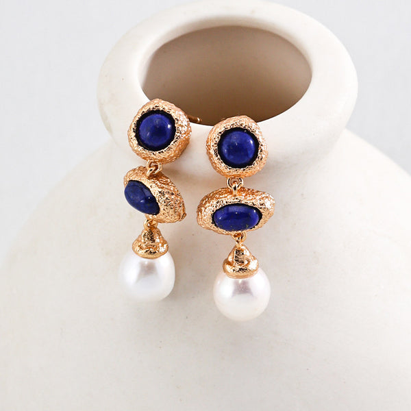 S925 Silver Vintage Lapis Lazuli & Pearl Earrings