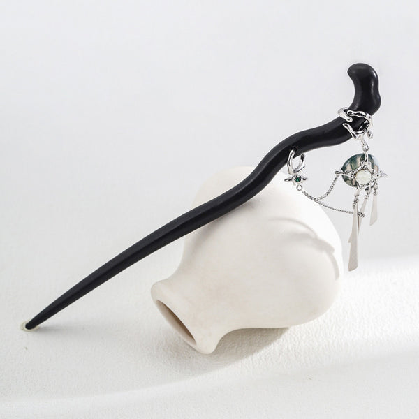 S925 Silver New Chinese Style Water Grass Agate Peace Buckle White Mother-of-Pearl Ring Face Purple Sandalwood Hairpin