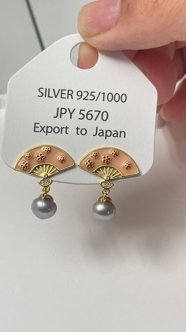Cherry Blossom Fan Real Pearl Earrings