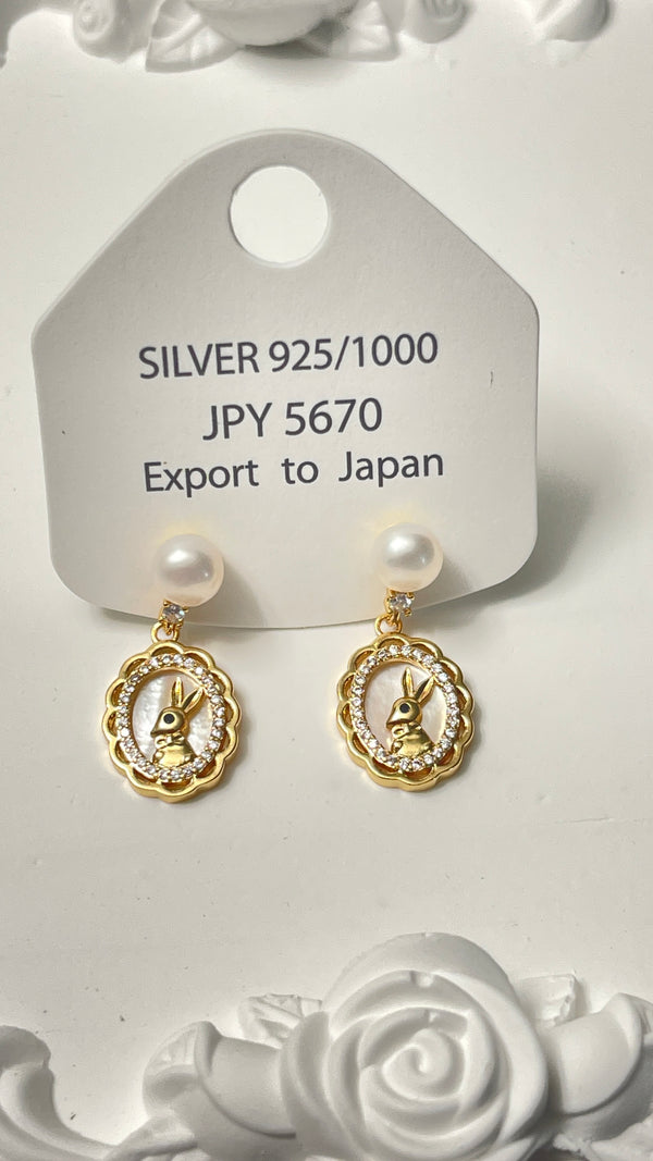 Mirror rabbit real pearl earrings