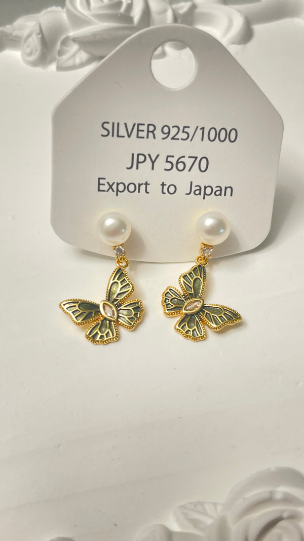 Vintage butterfly real pearl dangling earrings